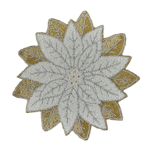 Max Studio Handmade Beaded POINSETTIA Placemat Charger 15in Glam Gold Ivory NEW - Picture 1 of 10